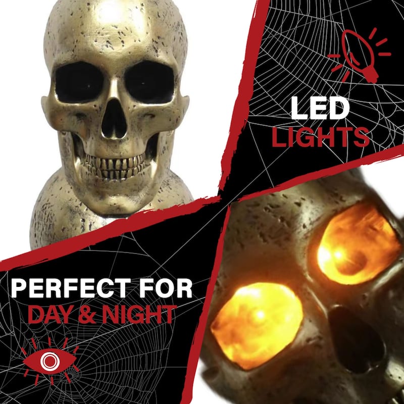 Haunted Hill Farm 3-Ft. Golden Skull Stack Prelit LED Resin Figurine, Indoor or Covered Outdoor Halloween Decoration, Plug-In