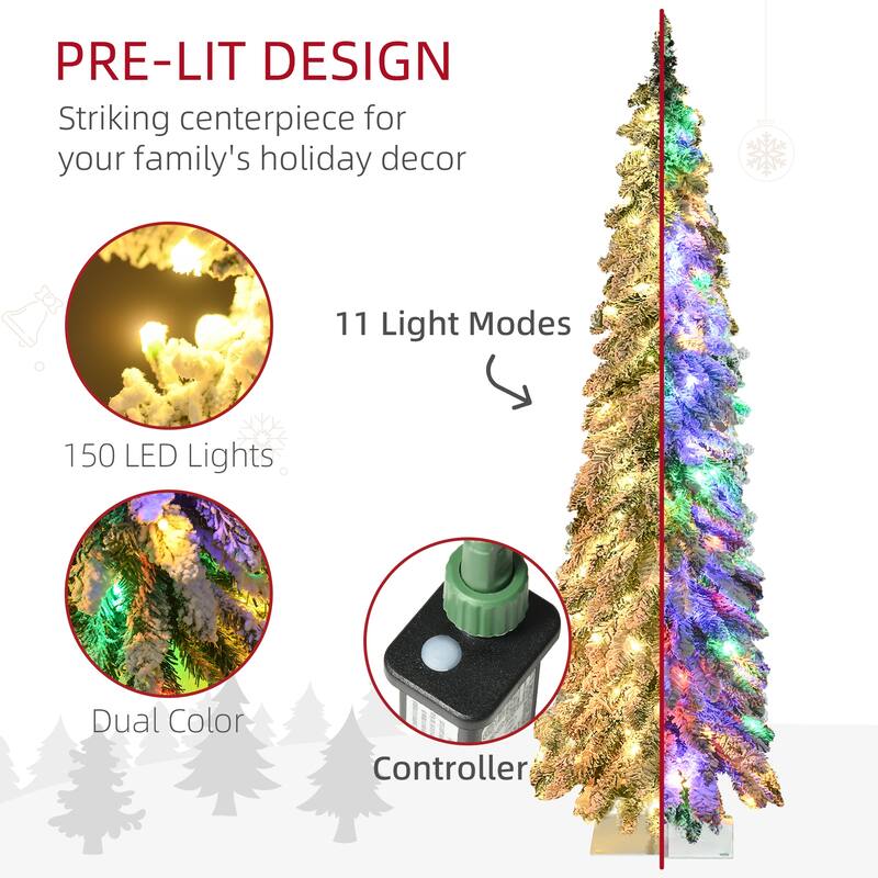 HOMCOM 5ft Tall Prelit Pencil Artificial Christmas Tree Holiday Décor with 334 Snow Flocked Branches, Downswept Shape - 5.91 ft