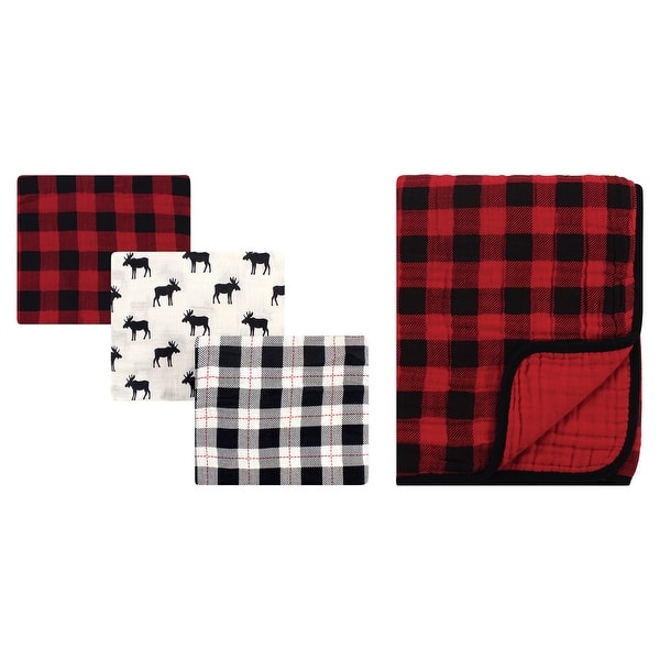 slide 1 of 1, Hudson Baby Infant Boy Muslin Swaddle Blanket 3Pc and Tranquility Blanket, Moose Buffalo Plaid, One Size One Size - Moose Buffalo Plaid