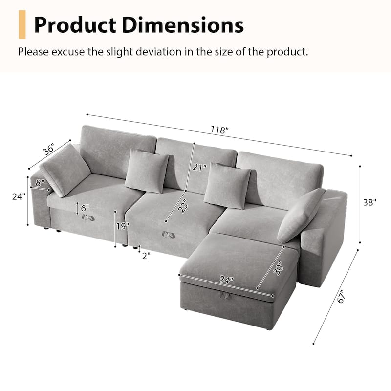 Velvet Upholstered Modular Deep Seating Couches L-shaped Chaise Sectional Sofa with Side Pockets, Storage Ottoman and Seat