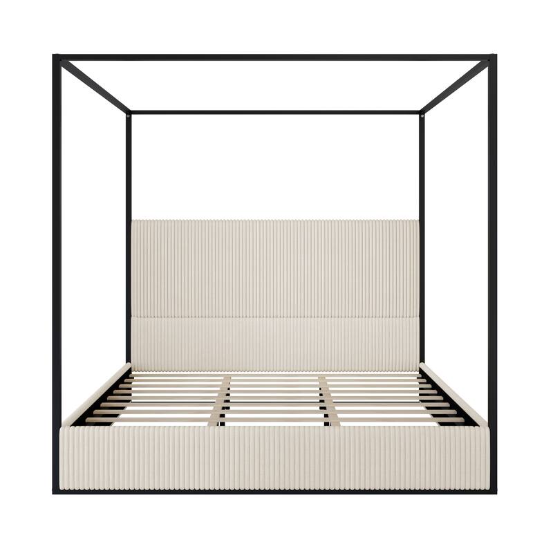 Queen/King Modern Luxury Metal Canopy Bed with Tall Corduroy Upholstered Headboard and Gold Four Poster, No Box Spring Needed