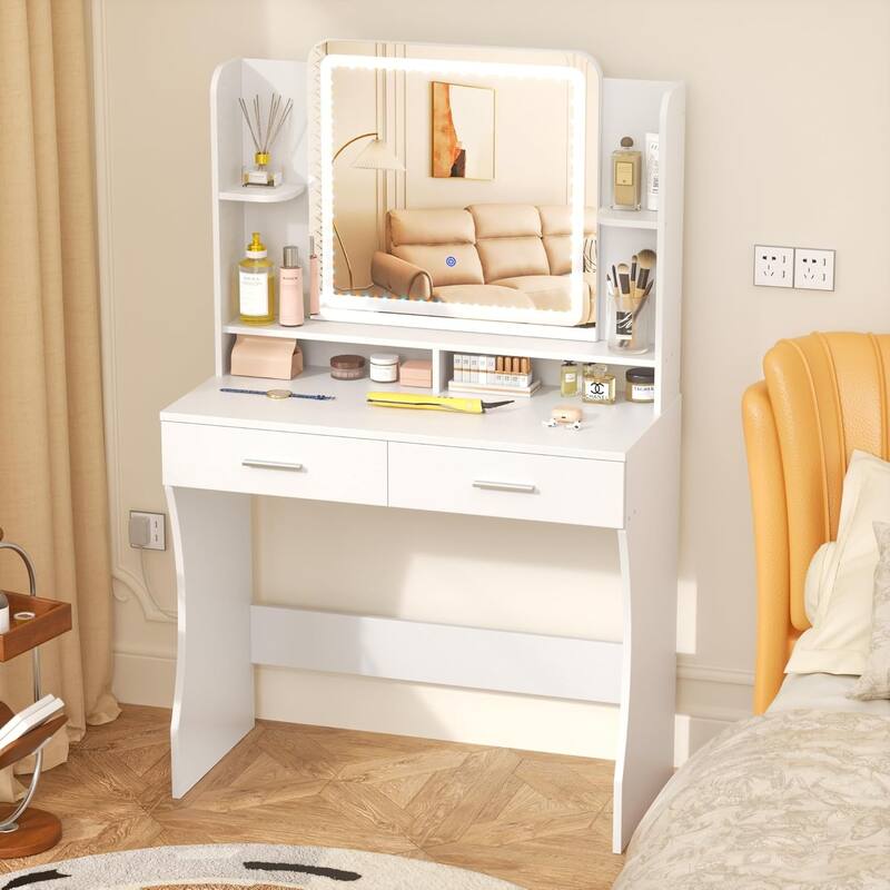 White Makeup Vanity Desk Wooden Dressing Table with Adjustable Lighted Mirror & 2 Drawers & Storage Shelves for Bedroom