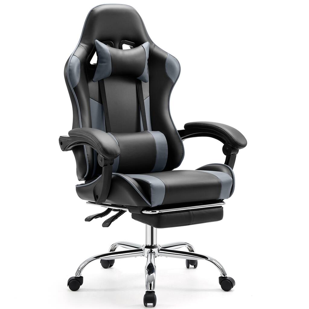 Black+ Gray Ergonomic PU Leather 360° Swivel Gaming Recliner with Footrest, Headrest, Lumbar Support, Adjustable Height