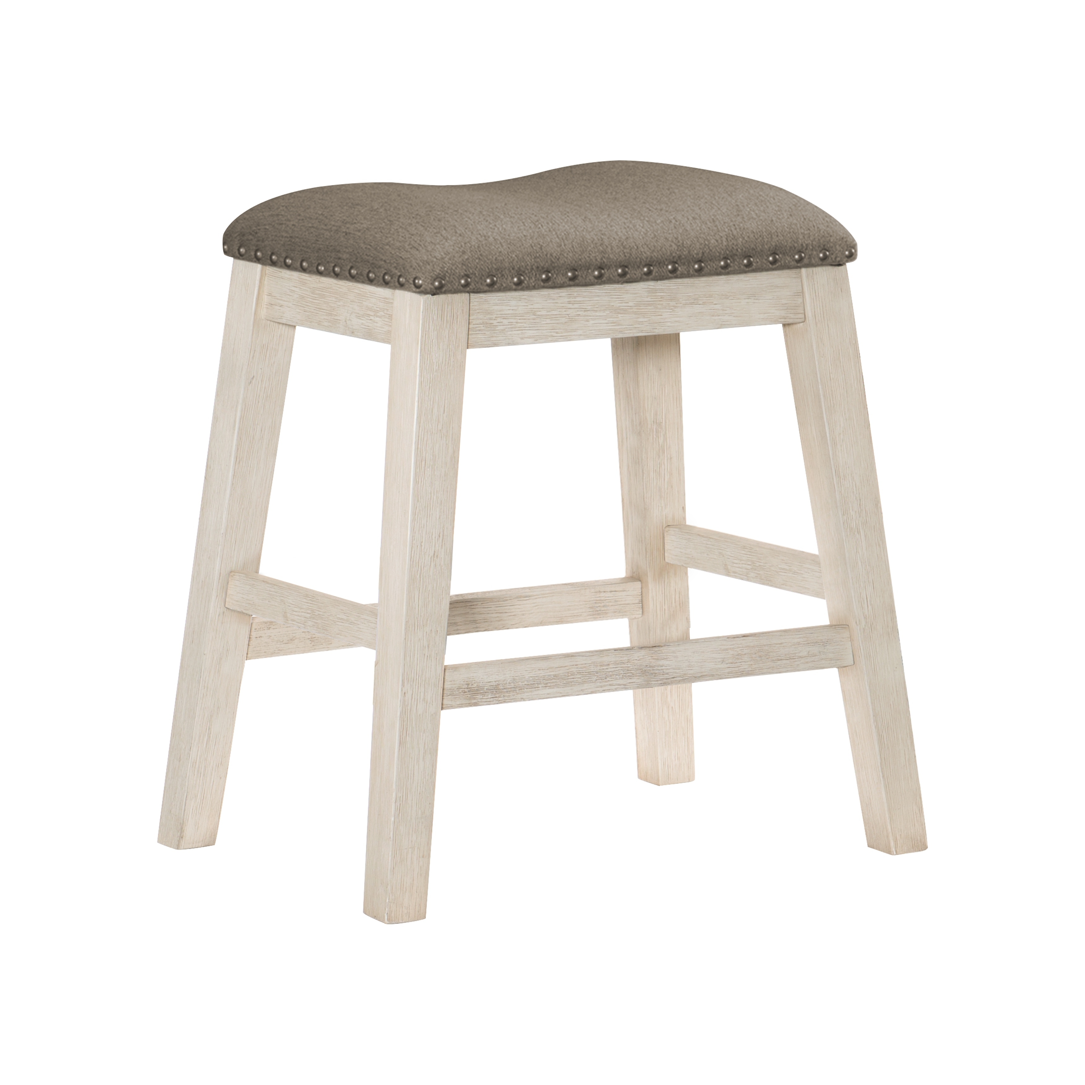 Antique Finish Set Of Two Counter Height Barstool Textured Fabric Upholstered Nailhead Trim Casual Dining Furniture