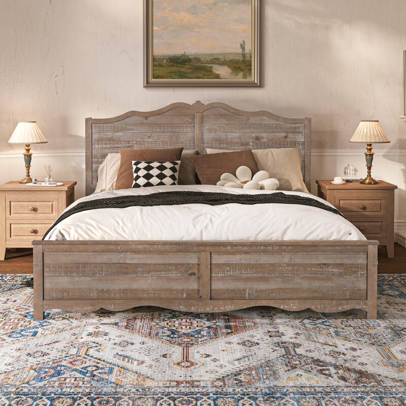 Modern Bed Solid Wood Platform Bed Frame Queen/King Size Bed with Headboard and Wood Slat Support for Bedroom