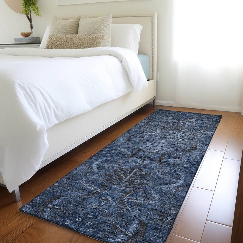 Machine Washable Indoor/ Outdoor Boho Traditional Chantille Rug - Navy - 2'3" x 7'6"