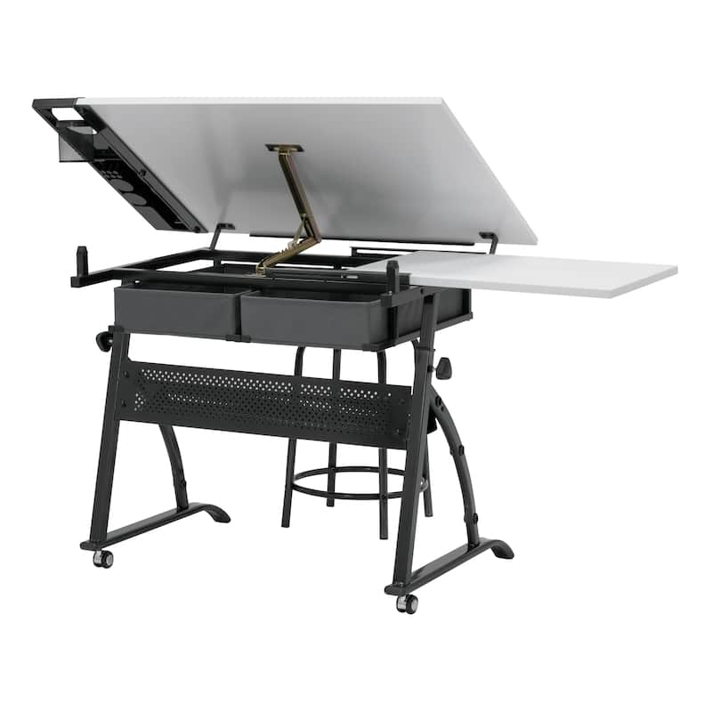 Core Craft Center, 2 piece Drawing, Drafting and Craft Table with Stool, Gunmetal-Gray/White