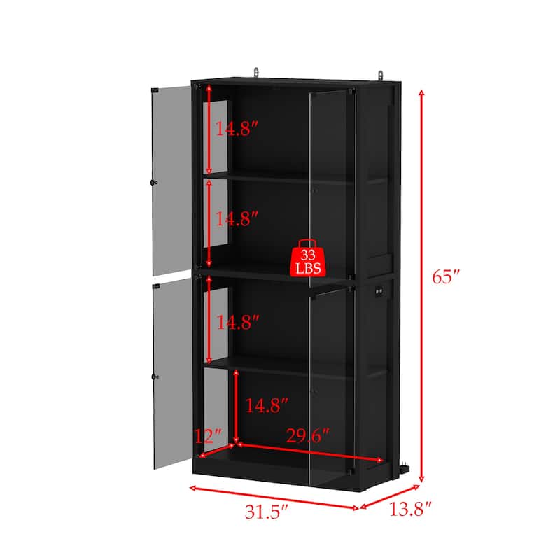 Glass Display Cabinet with 4 Doors LED Strip Light Pantry Buffet Wine Cabinet - 31.5"x65"