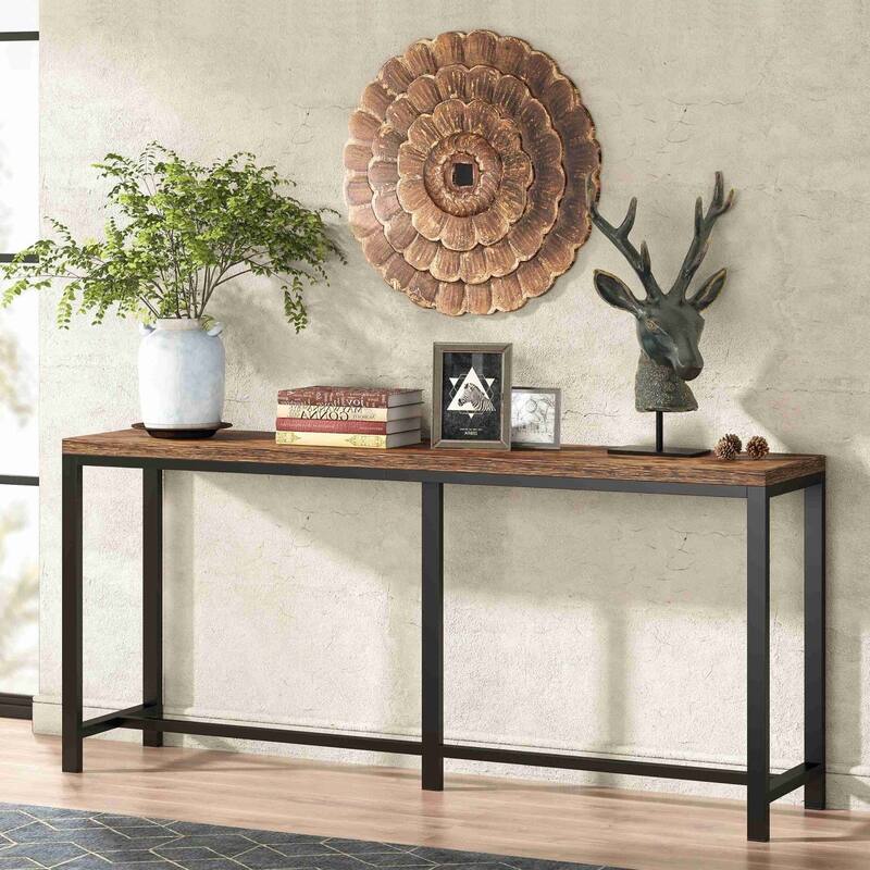 Rustic Brown Black Particle Board Console Sofa Table with Metal Frame 70 Inch - 70.86" L x 11.81" W x 31.49" H