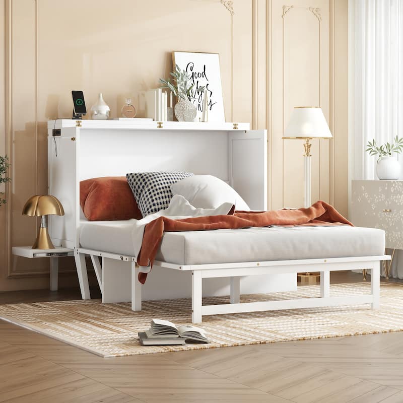 Full Size Murphy Bed with USB Port and Removable Shelves on Each Side, Solid Pine Murphy Cabinet Bed for Home Office