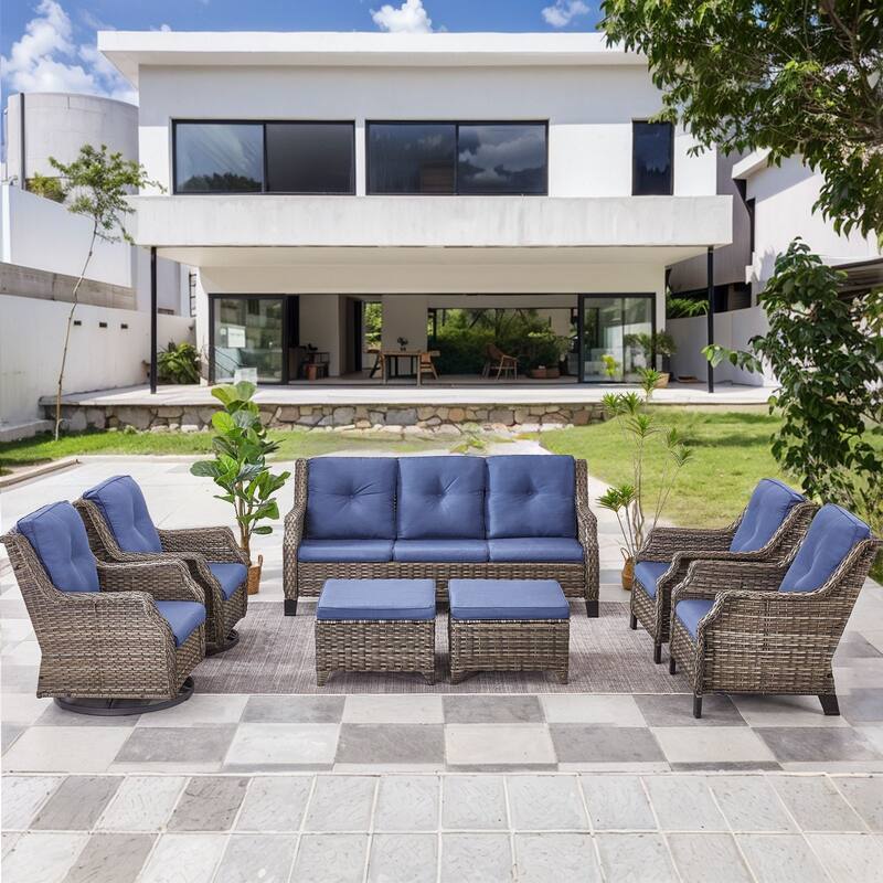 Gymojoy Outdoor Wicker Furniture Set with Cushions All-Weather PE Rattan - 5 PCS - Swivel Chairs & Ottomans & Sofa - Blue