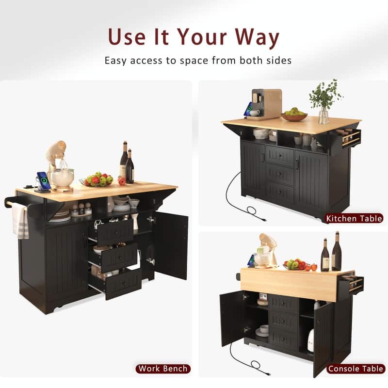 55.7" Rolling Kitchen Island with Double Drop Leaf, Power Outlet, 3 Drawers, Spice & Towel Rack, Folding Dining Table Cart