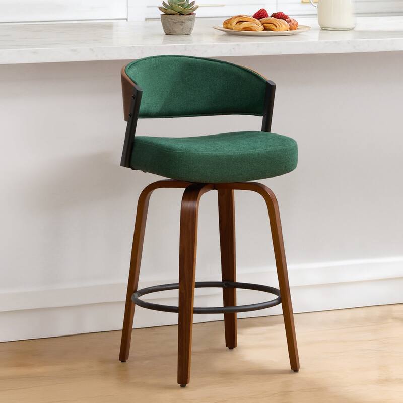 Upholstered Swivel Counter Height Bar Stool with Curved Back and Bentwood Frame - 37.2"H x 19.1"W x 20.5"D - Single - Green