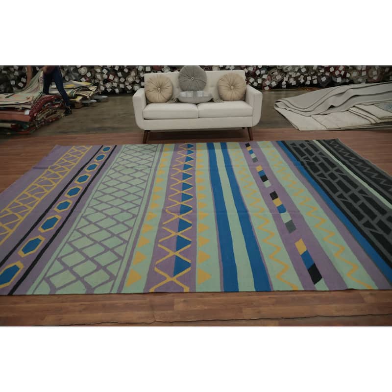 Hand Woven Oriental 100% Wool Carpet Southwestern Modern Green Kilim Area Rug - 12' 1'' X 9' 2''