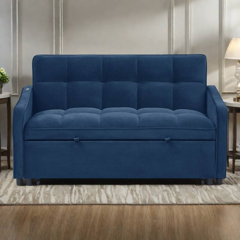 53" Foam Adjustable Loveseat Sofa Bed with Pull-Out Bed, USB/Type-C Charging, Copper Nail Trim, and Arm Storage Pockets - Blue