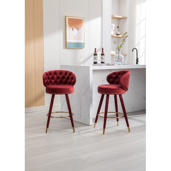 Vintage Red Velvet Bar Stools Set of 2 Tufted Back Bar Chair Nailhead Trim Round Upholstered Solid Wood Leg Dining Chair On Sale Bed Bath Beyond 41195244