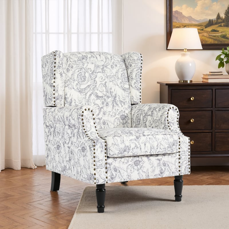 Traditional Floral Patterned Wingback Armchair with Nailhead Trim - Rococo Light Grey