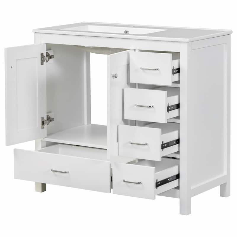 36" White Bathroom Vanity with Ceramic Sink Combo, Ample Storage Cabinet - 2 Soft-Close Doors and 5 Drawers