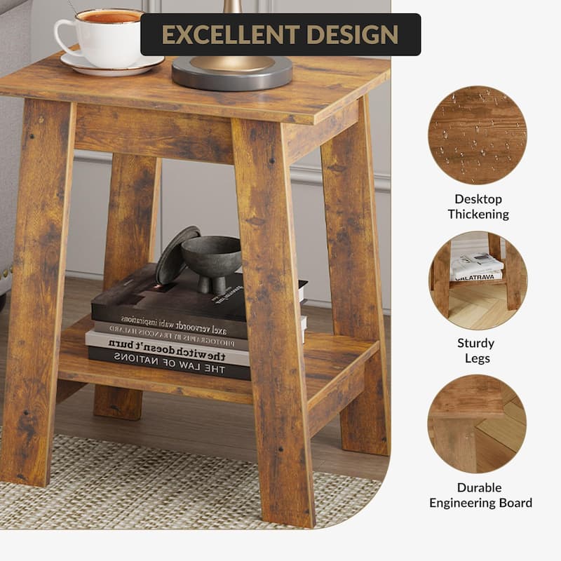 , Rustic Side Table with Storage Shelf, Small Center Table