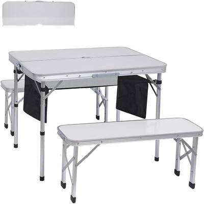 Camp Table Folding Camping Table Picnic Table Bench Set w/ 2 Benches, Table with Umbrella Hole for Adult for Kids (Off-White)