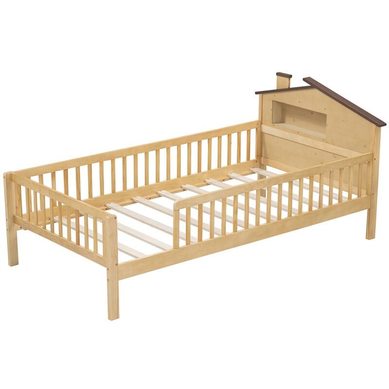 Twin/Full Size House Platform Bed with LED Light and Fence Guardrails, Wooden Kids Bed Frame with House Shaped Headboard