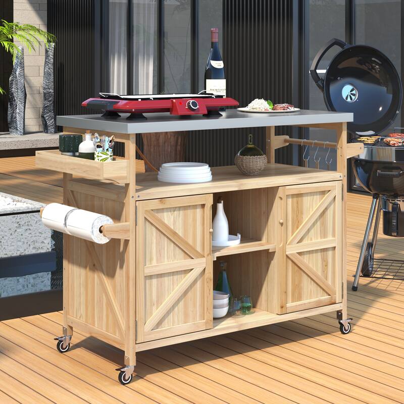 Chichoice Farmhouse Outdoor Kitchen Island with Stainless Steel Top on Wheels - Rolling Grill Cart with Storage for BBQ - N/A