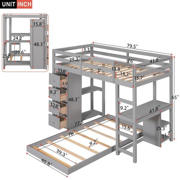 Twin over Twin Bed with Drawers and Shelves,Clean-lined Guard Rails, and a Built-in Ladder.