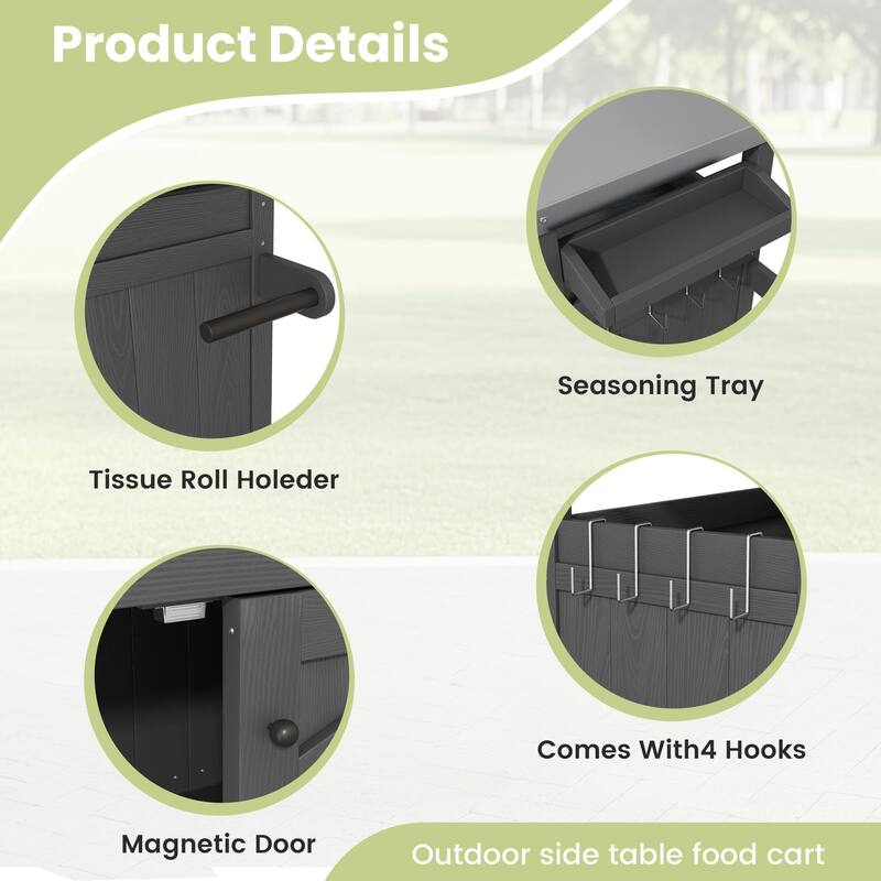 Outdoor Kitchen Cart with Stainless Steel Top, HDPE Patio Serving Cart with Storage