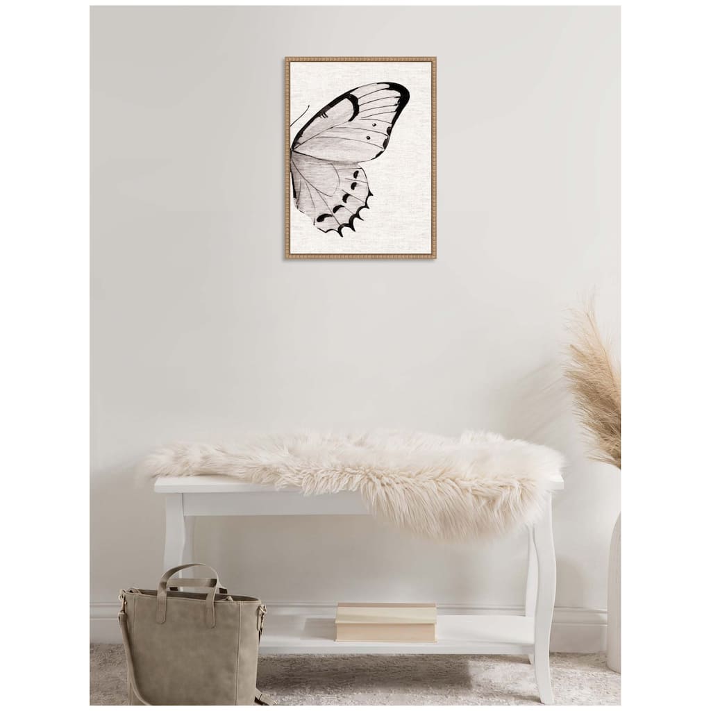 Kate and Laurel Sylvie Minimal Butterfly Watercolor Diptych Woven Neutral Linen Right Framed Canvas by The Creative Bunch Studio