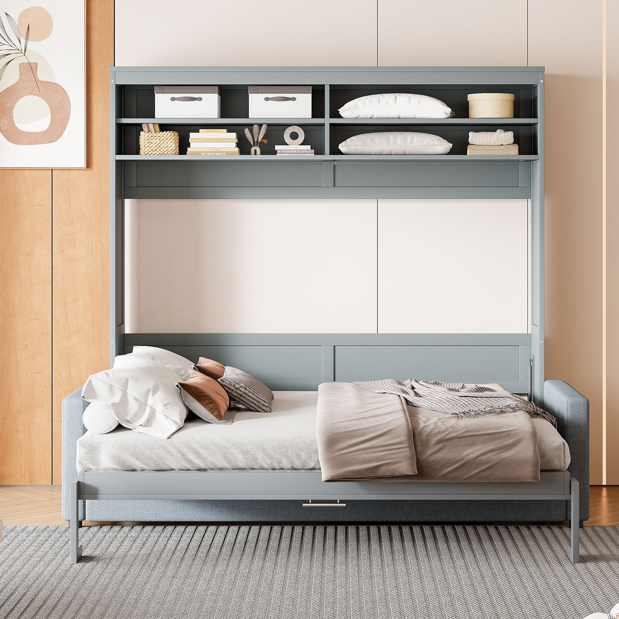 Queen Size Foldable Bed Pull Out Bedframe with Sofa Convertible Murphy Bed Cabinet Wall Bed with Top Storage Shelves Bed Bath Beyond 41885997