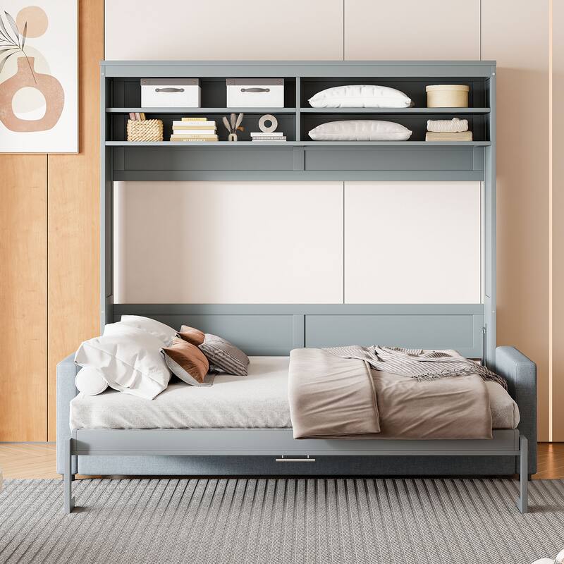 Queen Size Wall Bed with Sofa in Gray, Space-Saving Murphy Bed Design
