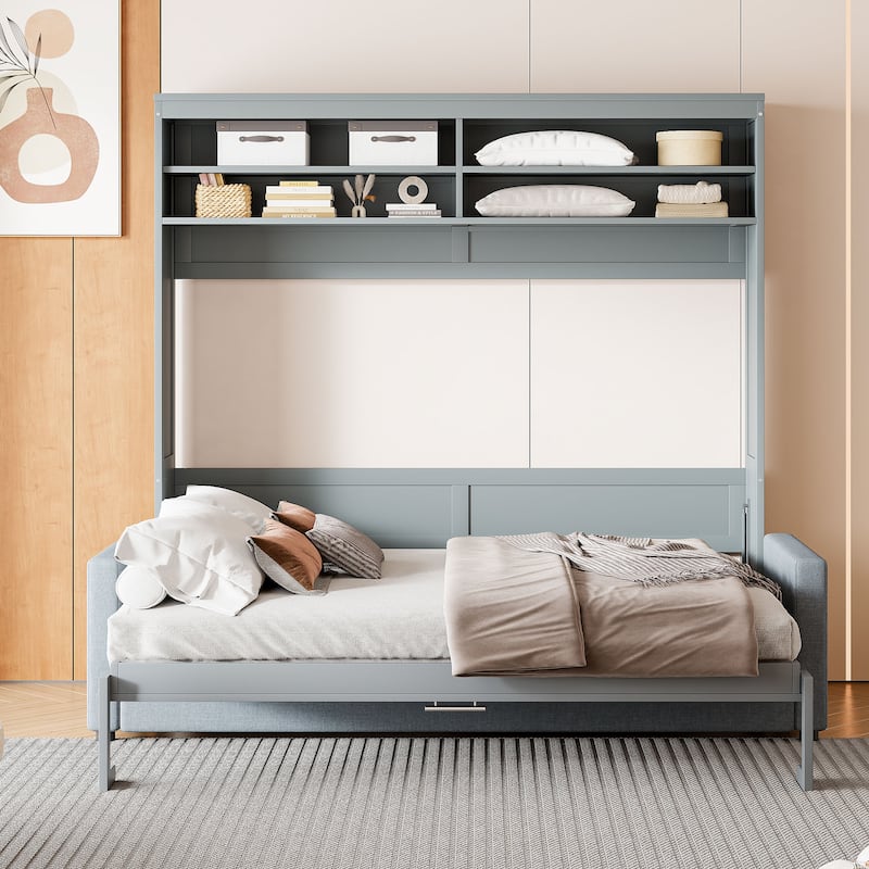 Space-Saving Queen Murphy Bed with Sofa, Gray - Foldable Wall Bed for Small Apartments