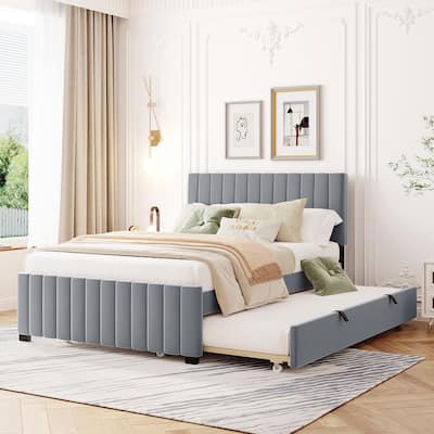 Full Size Bed Frame with Pull Out Twin Trundle Bed, Low Profile Velvet Upholstered Bed Platform Bed with Striped Headboard