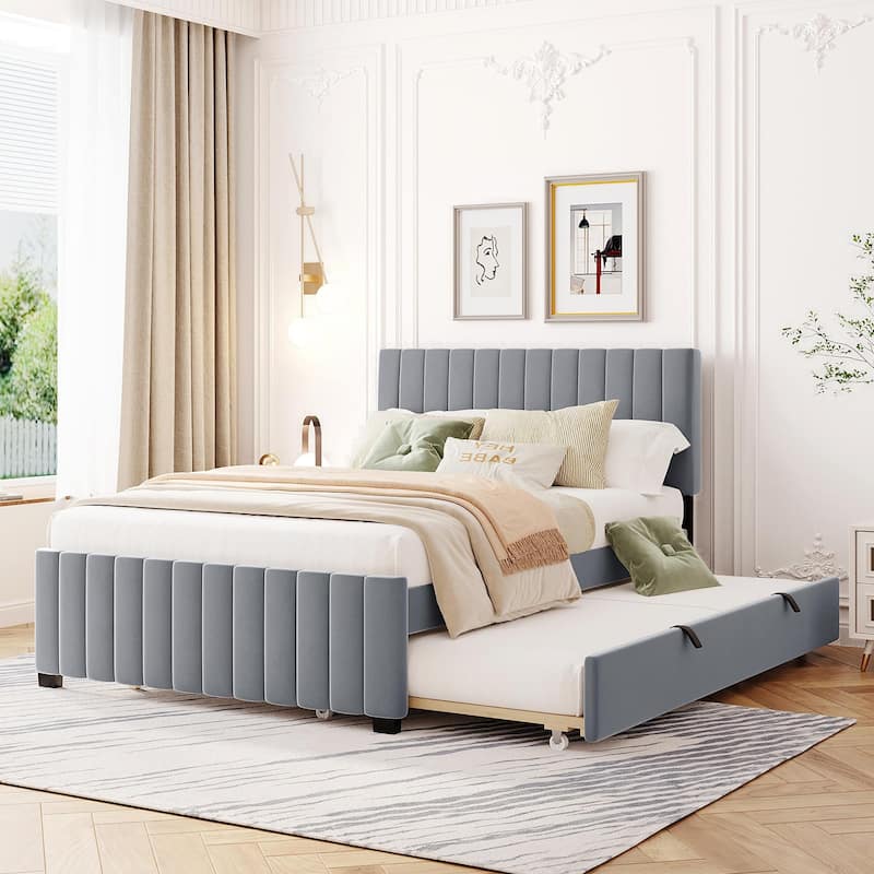 Full Size Platform Bed Stylish Velvet Upholstered Bed Frame with Headboard and Footboard & Pull Out Twin Size Trundle