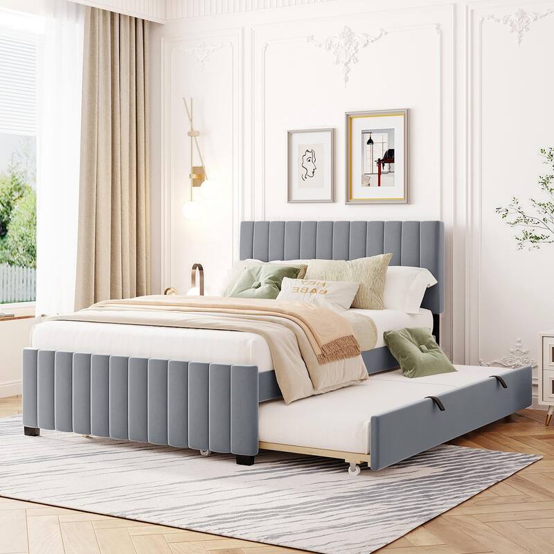 Wood Platform Bed Frame Velvet Upholstered Panel Bed with Wheel Pull-out Trundle Bed, Bedroom Furniture