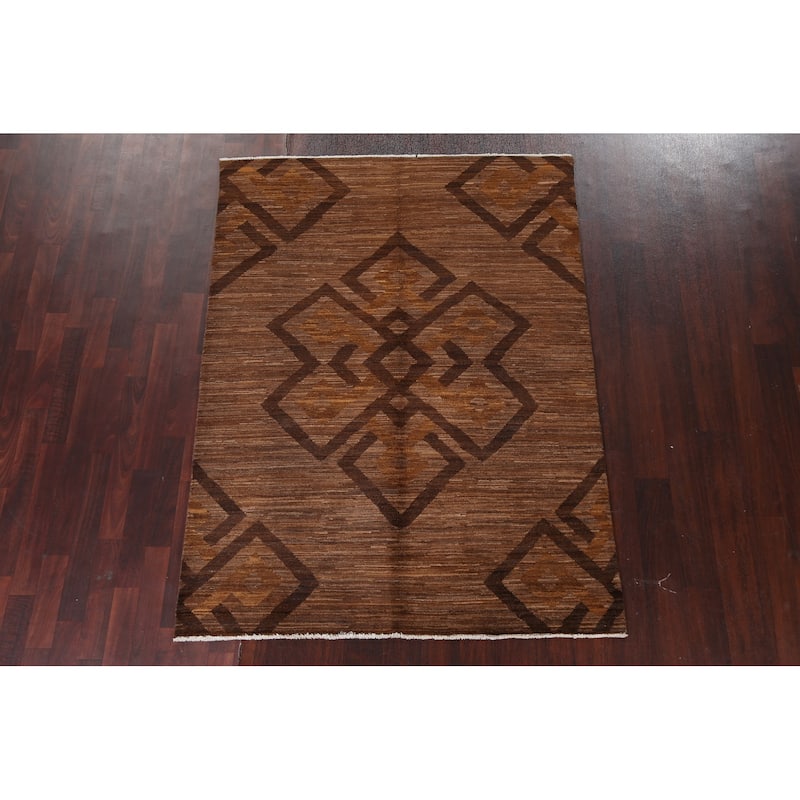 Brown Geometric Gabbeh Persian Area Rug Wool Hand-knotted Foyer Carpet - 4'9" x 6'4"