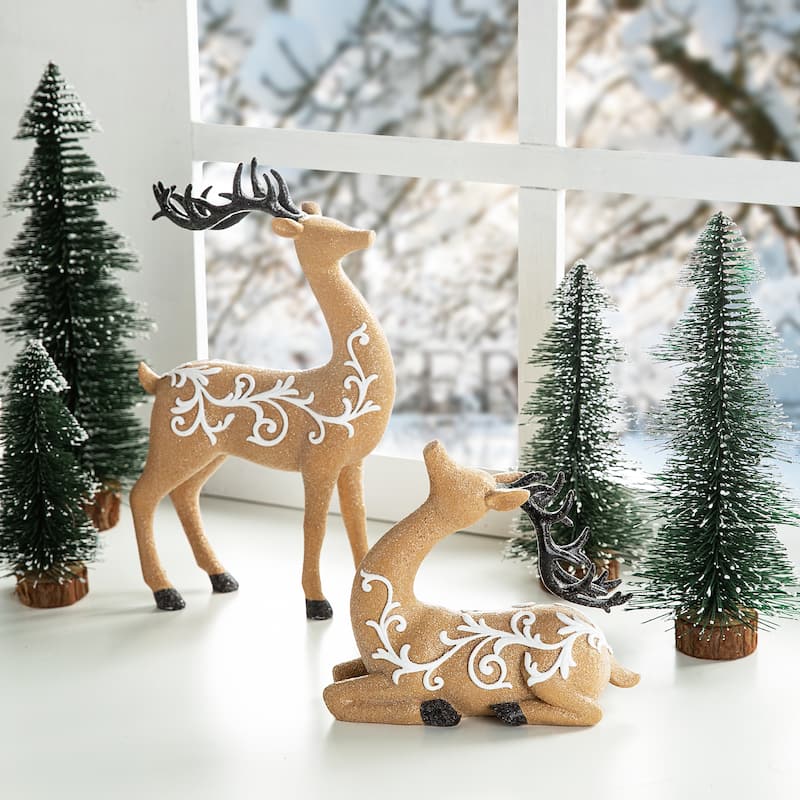 Glitzhome Resin Christmas Lying Standing Reindeer Figurines Xmas Table Decor Deer Statues