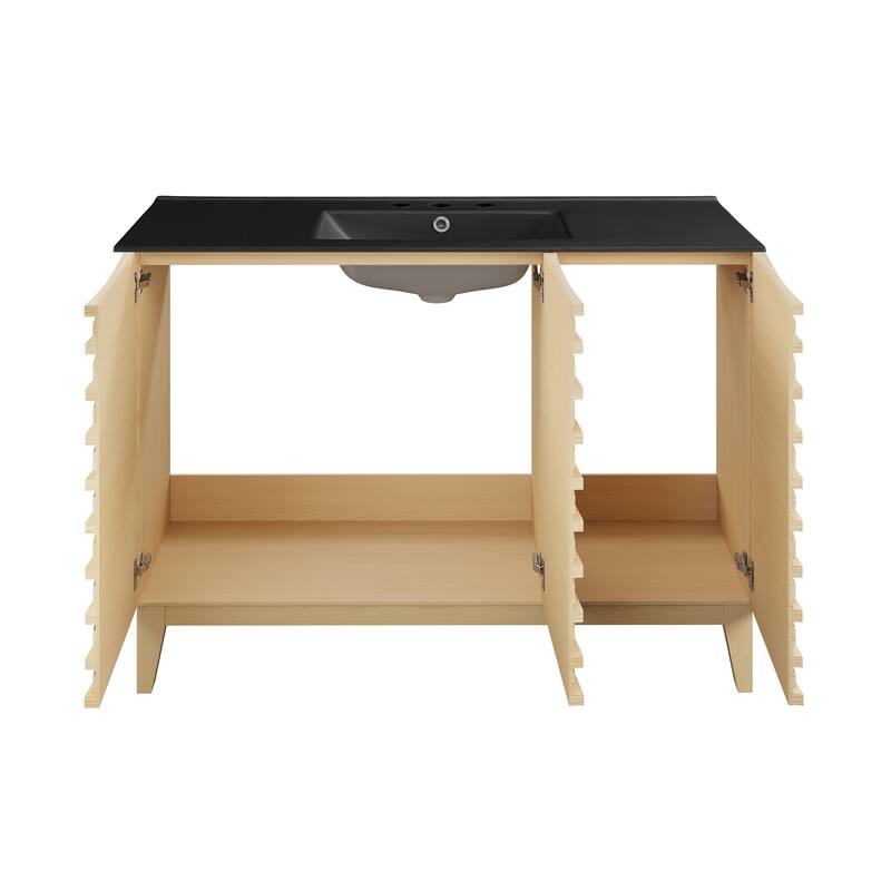 Cascade 48 In. Natural Oak Bathroom Vanity With Black, 3-Hole Ceramic Sink Top