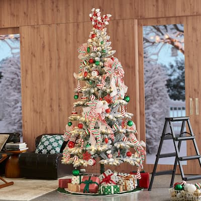 Glitzhome 7.5ft/9ft Pre-Lit Flocked Slim Spruce Artificial Christmas Tree with Warm White Lights