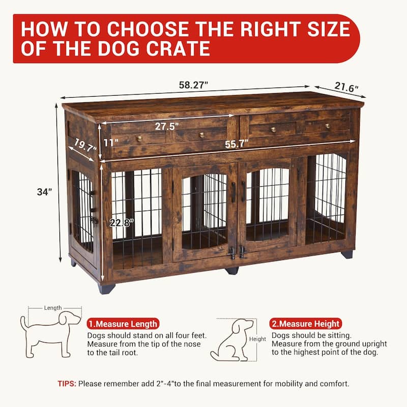Double Dog Crate Furniture with Drawers, Removable Divider, and Storage Table