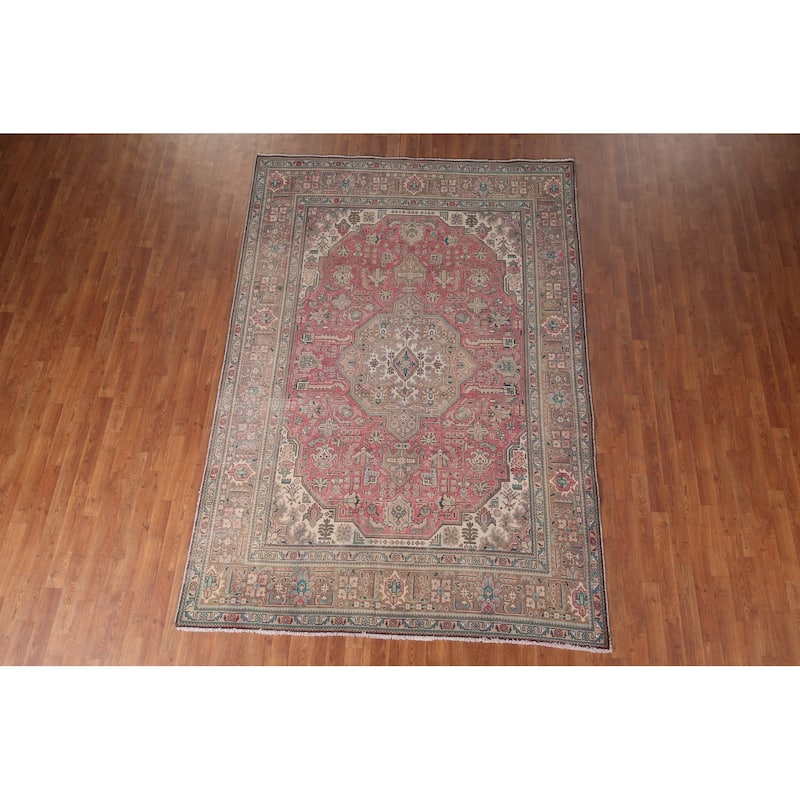 Pink Geometric Tabriz Persian Vintage Rug Hand-Knotted Wool Carpet - 6'7"x 9'8"