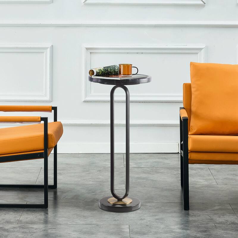 12" Grey Round Marble Metal Marble Pedestal End Table