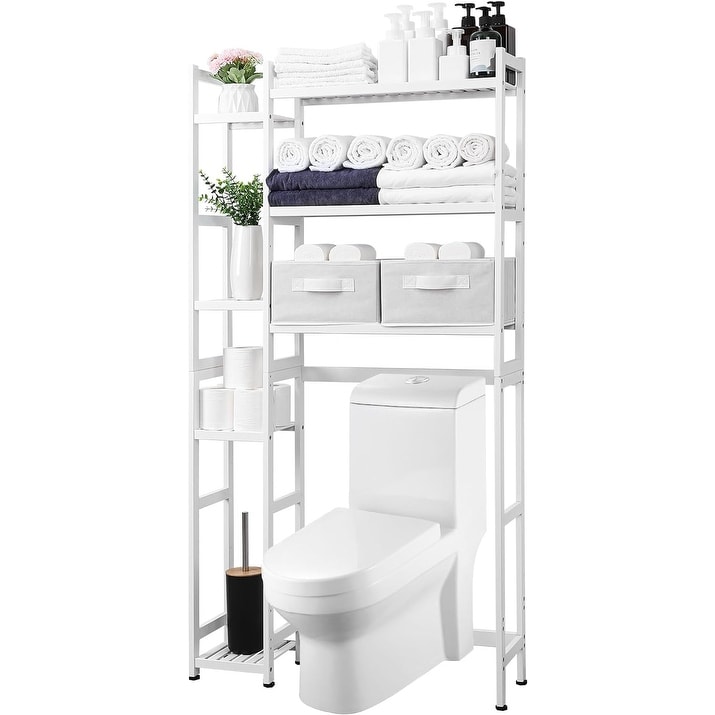 Bamworld Bathroom Shelves Bathroom Organizer Adjustable 3 Tiers Bamboo  Floating Shelf over the Toilet Storage with Hanging Rod (White) 