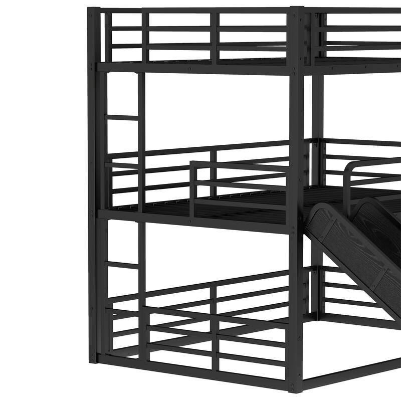 Roomfitters Twin/Full/Queen Metal Triple Bunk Bed with Slide, Safety Guardrails, Heavy-Duty Noise-Reduced Frame, Black