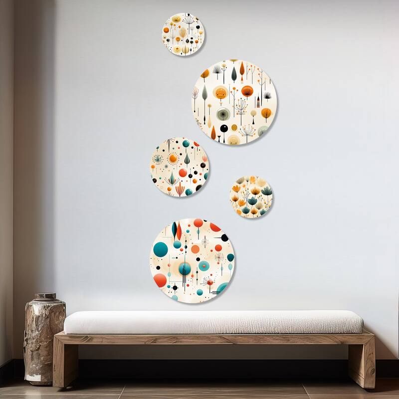 Designart "Atomic Age Modern Fusion" Geometric Wall Art Set of 5 - Mid-Century Orange Metal Wall Living Room Decor Set
