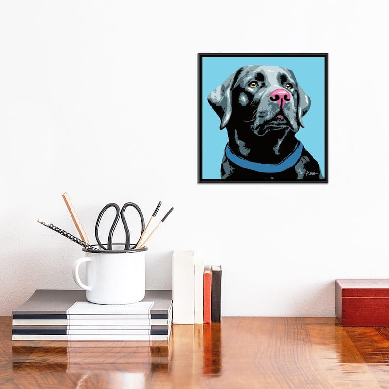 iCanvas "Black Lab Blue Woofhol" by Gretchen Kish Serrano Framed Canvas Print