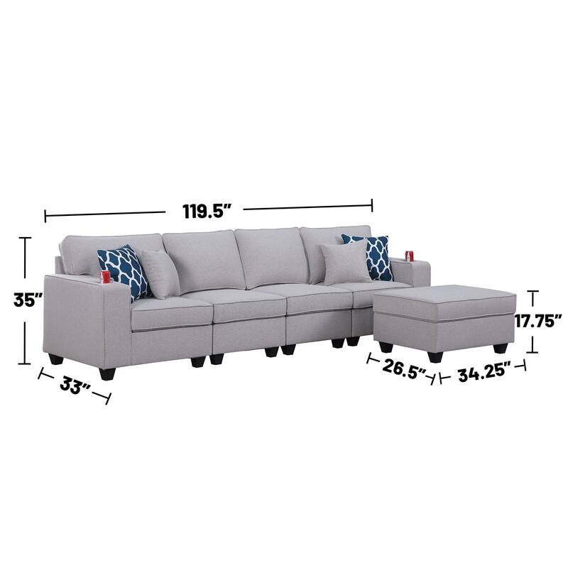 Linen Upholstered 4-Seater Sofa with Ottoman in Light Gray