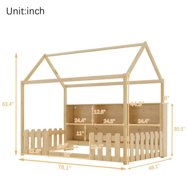 dimension image slide 1 of 3, Kids Twin Floor Bed with Roof Frame and LED Light, Wooden House Bed with Bookshelf Storage and Guardrails