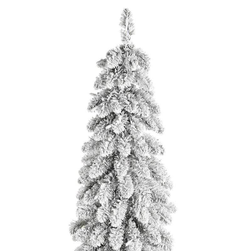 Glitzhome 4.5ft/6ft/7.5ft Pre-Lit Flocked Artificial Snowy Downswept Christmas Tree with Foot Pedal Control LED Lights