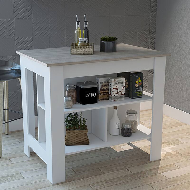 Dozza Antibacterial Kitchen Island with 3 Storage Shelves, Silver Nanoparticles Protection, Light Oak/White - Light Gray